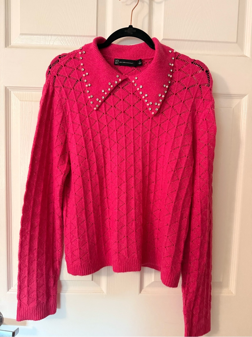 New York & Company Bright Pink Diamond Cable Knit Sweater